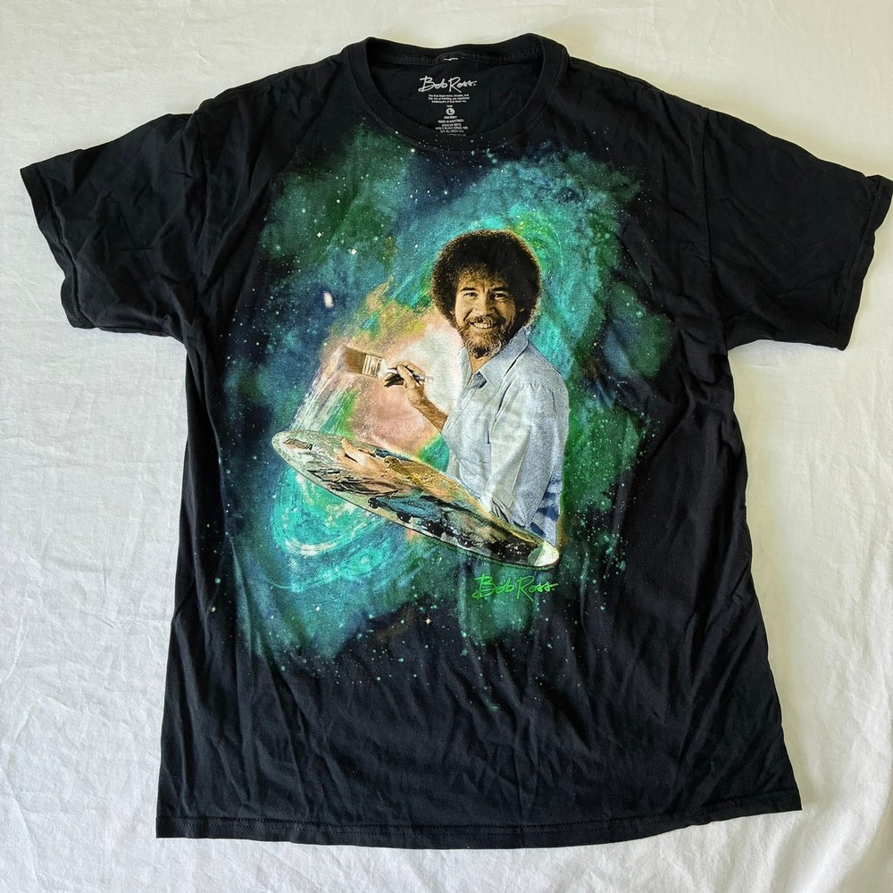 Bob Ross Space Galaxy Graphic T-Shirt Mens Large Black Painting Cosmos Tee